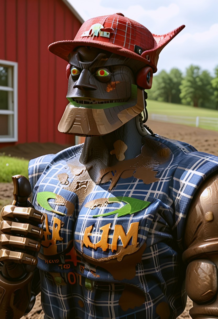 m3g4byt3, humanoid robot, 1boy, solo,  upper body, redneck, flannel shirt, mud, trucker hat, holding  beer can,  dirty shirt, thumbs up, farm background