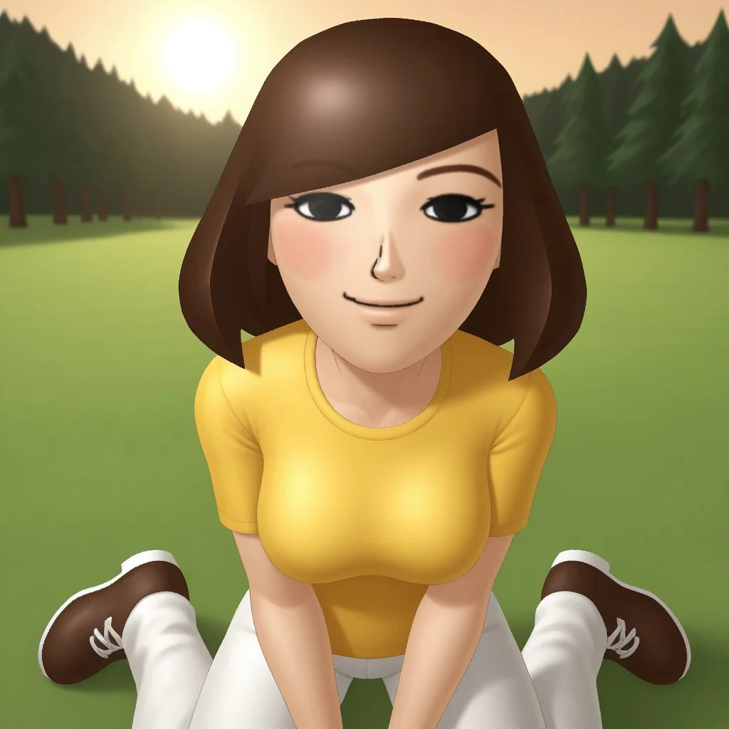 score_9, score_8, BREAK, solo, wii, mii, wii sports, 1girl, female mii, black eyes, brown hair, brown eyebrows, blush, yellow clothing, white pants, shoes, nintendo mii, modern_mii, classic_mii, breasts, Mizuho_(Wii_Sports), cute, sexy pose, smile, outdoors, sunlight, shadows, evening lighting, natural lighting, forest, trees, grass, orange sky, sunset