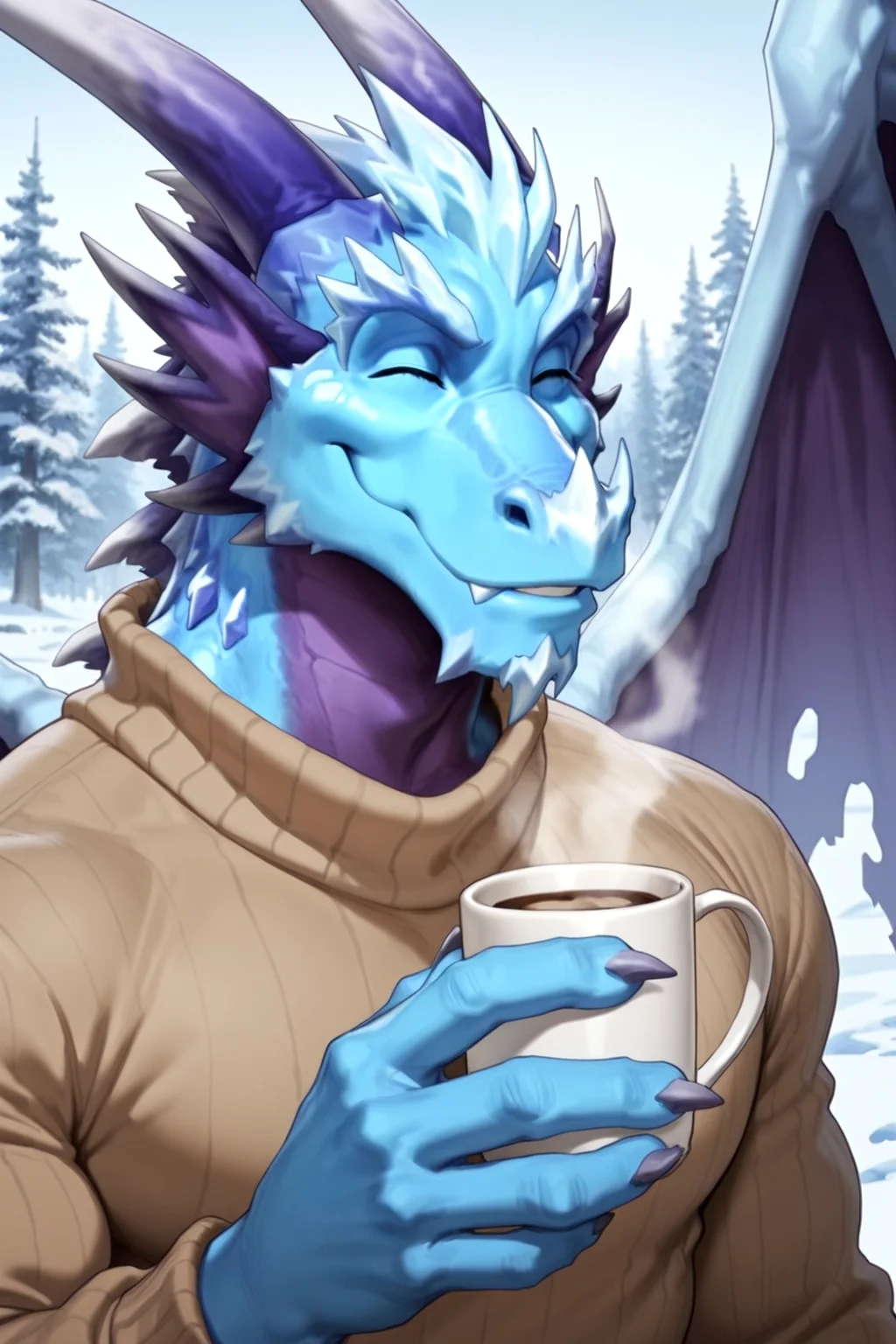 justmegabenewell, score_9, score_8_up,result_9, result_8, masterpiece,solo, 50lly2, (sharp focus, perfect_anatomy), detailes face, detailed scales, amazing quality, very aesthetic,highres, absurdres, anthro, bara, muscular, solo, best quality, perfect anatomy, Cyril,horns,claws,torn wings,ice dragon, upper body, close up, smiling, close eyes, warm_smile, pullover, mug, cup of hot chocolate,, falling_snow, snow background, snow forest, outdoors