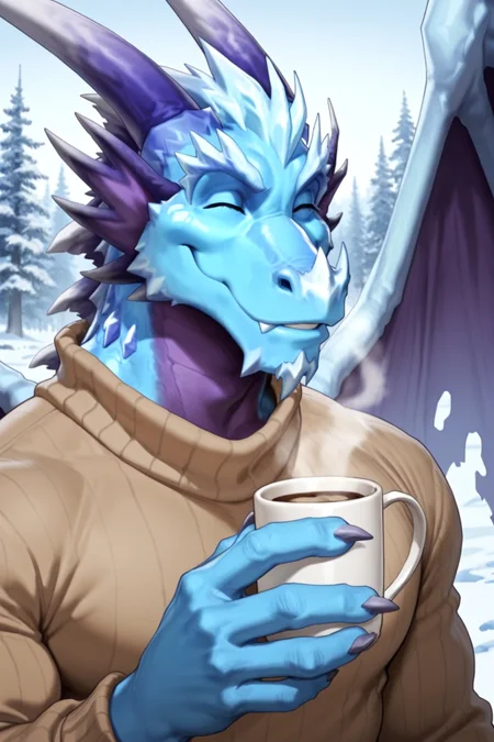 justmegabenewell, score_9, score_8_up,result_9, result_8, masterpiece,solo, 50lly2, (sharp focus, perfect_anatomy), detailes face, detailed scales, amazing quality, very aesthetic,highres, absurdres, anthro, bara, muscular, solo, best quality, perfect anatomy, Cyril,horns,claws,torn wings,ice dragon, upper body, close up, smiling, close eyes, warm_smile, pullover, mug, cup of hot chocolate,, falling_snow, snow background, snow forest, outdoors