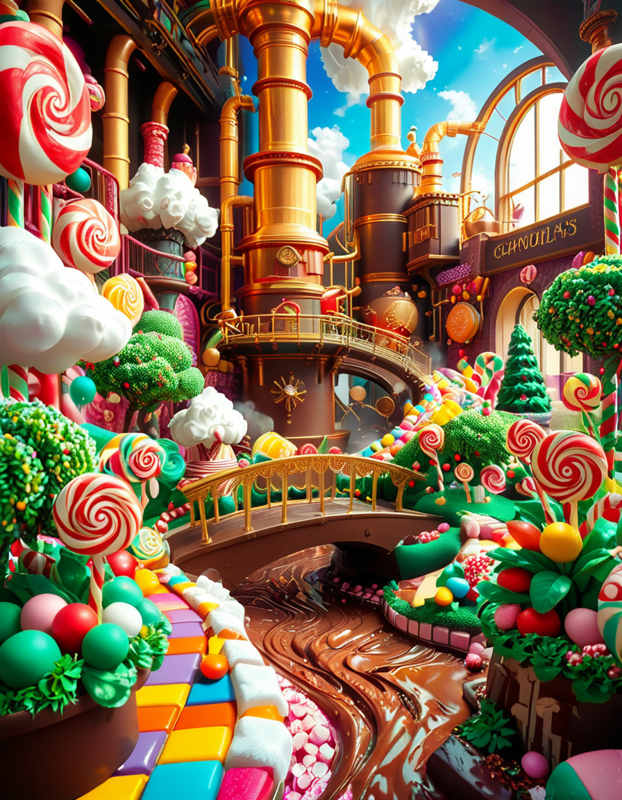 A whimsical and magical photo of Willy Wonkaâs Chocolate Factory. The scene captures the exterior of the factory, featuring a towering, fantastical building with colorful, crooked chimneys puffing out clouds of candy-scented steam. The walls are made of vibrant bricks in shades of purple, gold, and red, with intricate candy-inspired patterns carved into the structure. A large, ornate gate made of swirling lollipop shapes stands at the front, with the name "Willy Wonka" emblazoned in gold letters. Surrounding the factory is a lush, surreal landscape filled with oversized candy canes, gumdrop bushes, chocolate rivers, and trees made of cotton candy. The sky is bright and cheerful, with fluffy clouds that resemble whipped cream. The entire setting feels magical, playful, and inviting, full of bright, saturated colors and incredible, dreamlike details that spark the imagination.
<lora:SDXLFaeTastic2400:0.4> <lora:extremely_detailed:0.4> extremely detailed, <lora:Willy_W0nk4_chocolate_f4ct0ry:1>,Willy W0nk4 chocolate f4ct0ry, Masterpiece,best quality,hi res,8k,hi res,8k,award winning,(sharp focus, intricate, highly detailed),
