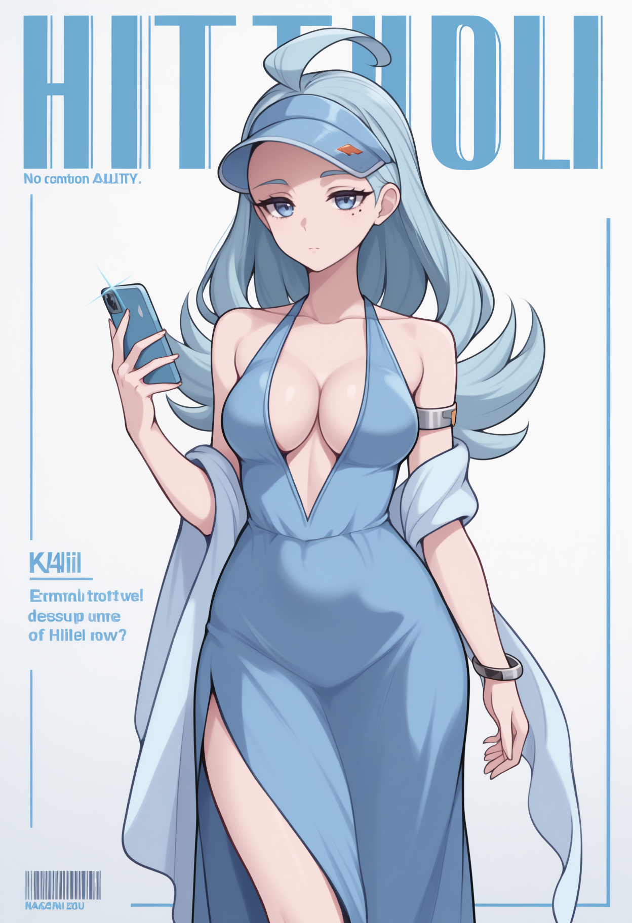 masterpiece, best quality, <break> magazine cover, english text, character name, barcode, solo, 1girl, k4hili, mole under eye, expressionless, looking at viewer, standing, holding phone, arm at side, long hair, light blue hair, flipped hair, ahoge, blue headwear, visor cap, blue eyes, long dress, blue dress, sleeveless dress, center opening, side slit, shawl, armlet, bracelet, bare shoulders, collarbone, cleavage, medium breasts, diffraction spikes
<segment:yolo-Anzhc Face seg 640 v2 y8n.pt,0.4,0.5//cid=1>
