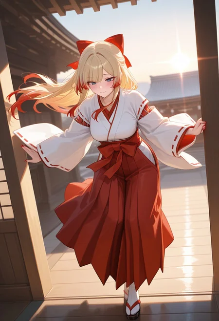 1girl, full body view, solo, blue eyes, blonde hair, red highlights, waist length hair, curtain bangs, blushing, makeup, red eye shadow, red lipstick, red nail polish, red hair bow, light smile, medium breasts, shrine maiden, wind, dynamic view, dramatic angle, dynamic motion, Japanese Shinto shrine, soft lighting, dynamic light, sunrise, masterpiece, best quality, amazing quality, newest, absurdres, highres, high detailed