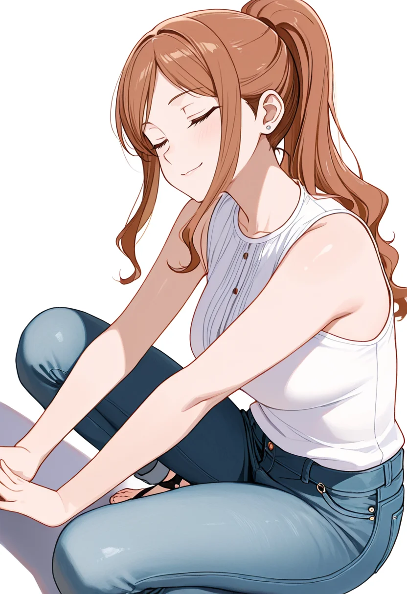 masterpiece,high quality details, absurdres,
<lora:Aona:0.8> aona_cnr, 1girl, brown hair, long hair, ponytail, brown eyes,, simple background, white background, sideways,solo,, closed eyes,seductive smile,, hands touching toes,squatting position,one knee on ground,, sleeveless shirt,borrowed garments,jeans, ,o-ring legwear,
