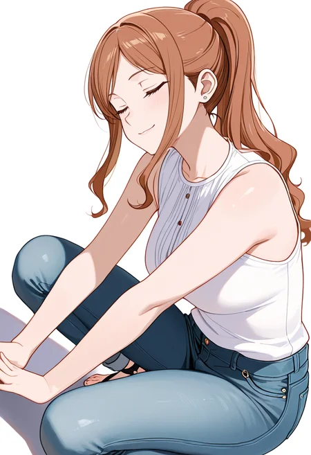 masterpiece,high quality details, absurdres,
<lora:Aona:0.8> aona_cnr, 1girl, brown hair, long hair, ponytail, brown eyes,, simple background, white background, sideways,solo,, closed eyes,seductive smile,, hands touching toes,squatting position,one knee on ground,, sleeveless shirt,borrowed garments,jeans, ,o-ring legwear,