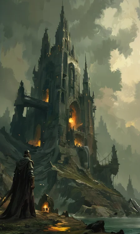 A dramatic high-quality digital painting of a mystical dark and eerie landscape with a glowing towering castle in the distance. <lora:- NAI - ac_illustration_V1.0-step00011000:.4> <lora:- NAI - PdJ_highres_counterweight_V.2.0-step00021000:0.7>