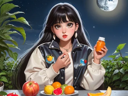 little thunder style, little thunder, style,1girl,solo,long hair,looking at viewer,bangs,black hair,long sleeves,jewelry,jacket,upper body,earrings,outdoors,parted lips,food,mole,black eyes,cup,lips,mole under eye,fruit,moon,bottle,plant
<lora:merged model:1>