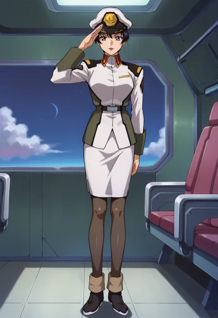 score_9,score_8_up,score_7_up,anime coloring BREAK source_anime,anime,<lora:Natarle_Badgiruel_Gundam_SEED_Pony:0.7>,natarle,1girl,solo,purple eyes,black hair,short hair,purple lips,peaked cap,military uniform,skirt,pantyhose,boots,standing,salute,indoors,spacecraft,