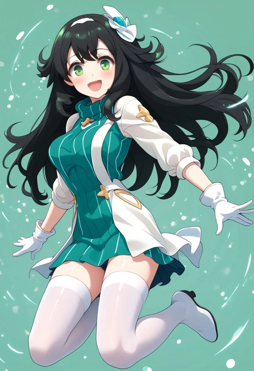 score_9, score_8_up, score_7_up, source_anime, philia_wf, long black hair, green eyes, hair ornament, sweater dress, white gloves, white thighhighs,jumping, ecstatic , dynamic shot, high quality, cowboy shot,