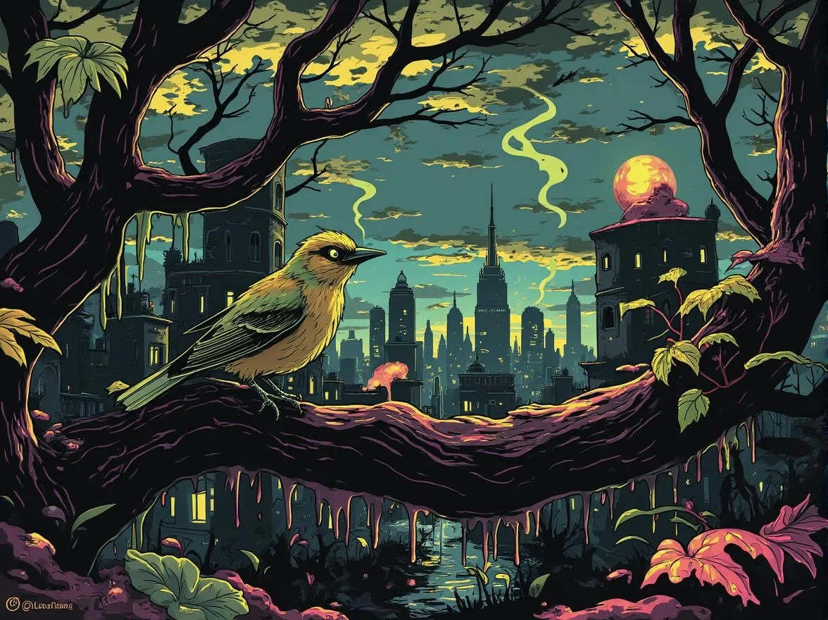 <lora:bizarre - s0_8 g4.safetensors:1> b1z4rr3
In the heart of a decaying grandeur, a golden bird perches atop a branch, its vibrant plumage a stark contrast against the dark, weathered wood. The bird's sharp beak and piercing eyes, focused to the right, seem to pierce through the gloom, casting an otherworldly glow. The leaves around it, a tapestry of yellow and orange, flutter gently, their intricate veins and edges catching the light and shadow, adding a dynamic dance of color.
Behind the bird, the scene shifts to a haunting urban landscape. The city skyline, a silhouette of towering buildings, looms in the background, bathed in a dusky haze of teal and dark blue. The buildings, their surfaces marred by time and wear, stand as silent sentinels under a sky that hints at the fall of night. Faint, glowing lights flicker from the windows, suggesting a city that never rests, yet cloaked in a somber, almost spectral calm.
The lighting is dramatic, with strong backlighting casting long, menacing shadows that stretch and twist, creating a sense of depth and foreboding. The warm hues of the bird and leaves stand out against the muted, earthy tones of the decaying environment. Wisps of mist curl around the branches, adding a layer of mystery and movement, as if the scene is breathing with a life of its own.
This juxtaposition of natural beauty and urban decay, with the bird as a symbol of resilience, creates a haunting and enigmatic atmosphere, where the line between the living and the spectral blurs, and the air is thick with the weight of untold stories.