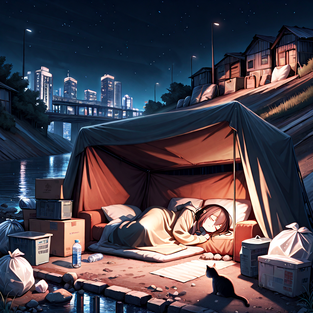 absurdres, explicit, shack under bridge, deep shadow, lying on sofa, sleeping, 1girl, light frown, blanket, covering with blanket, cat, box, fog, city, tree, rock, weeds, ruins, river, water, building, scenery, outdoors, trash bag, water bottle, awning, tent interior, night, night sky, city lights,<lora:girlhateshackunderbridge_ilxl:1>