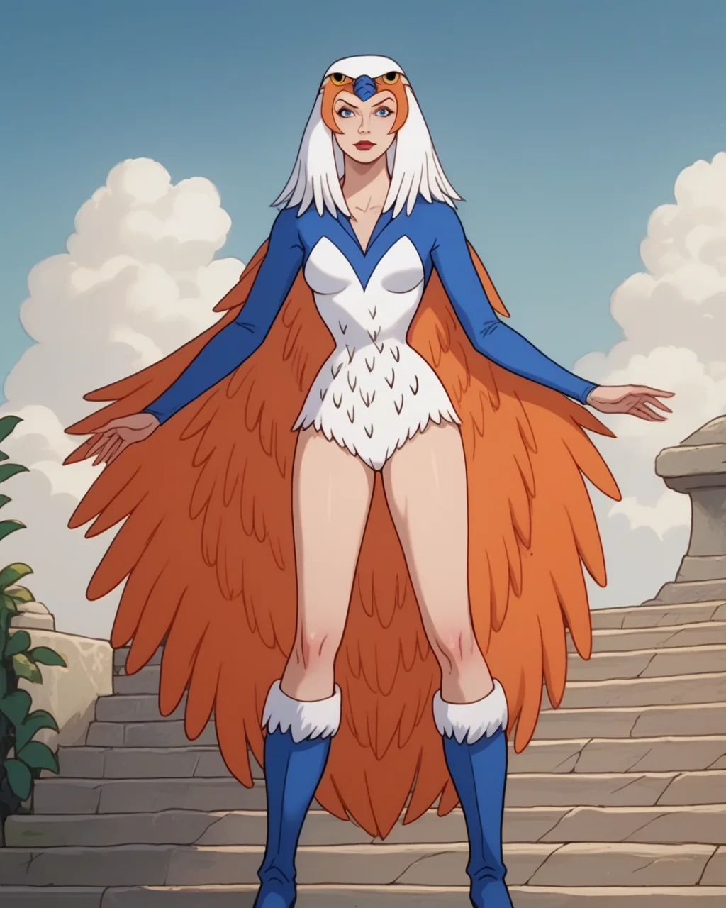 score_9, score_8_up, score_7_up, masterpiece,best quality,amazing quality, absurdres, source_cartoon, 1girl, solo, <lora:motu_sorc:1> motu_sorc, sorc,  blue eyes, avian headdress, blue white leotard, orange feather cape, standing, furred boots