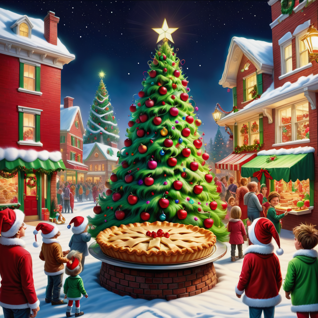 hyper detailed masterpiece, dynamic realistic digital art, awesome quality,  whoville-inspired art, redemption, christmas tree,apple pie, overflowing with love and goodwill,generous and giving,filled with joy and laughter, track lighting, going on a holiday light tour