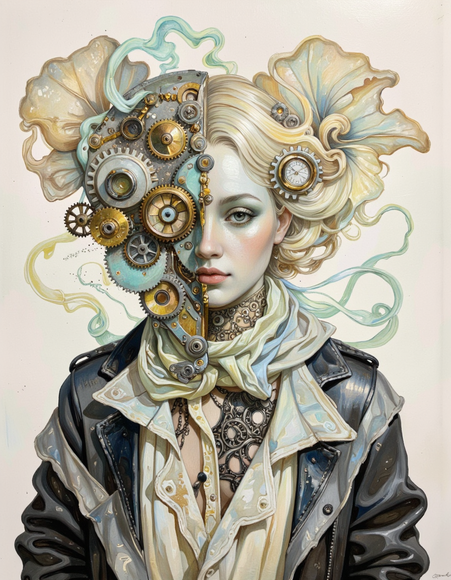 Art by Santiago Caruso., Illustration art style, Ethereal Steam painting art style, merges steampunk elements with ethereal, ghostly imagery, soft pastel colors, wispy forms, intricate mechanical details, combines the solidity of steampunk machinery with the lightness of ethereal beings, professional-grade execution <lora:Hocus_Pocus:0.9>