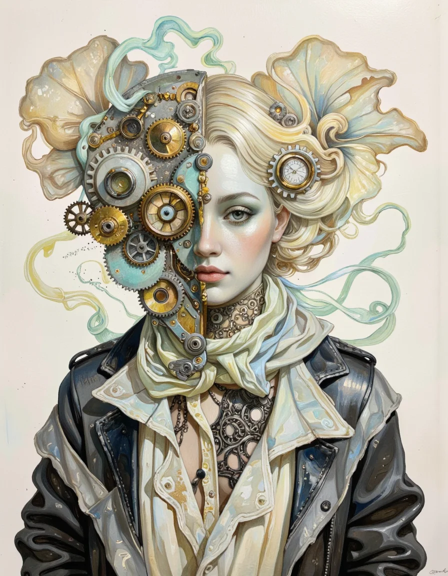 Art by Santiago Caruso., Illustration art style, Ethereal Steam painting art style, merges steampunk elements with ethereal, ghostly imagery, soft pastel colors, wispy forms, intricate mechanical details, combines the solidity of steampunk machinery with the lightness of ethereal beings, professional-grade execution <lora:Hocus_Pocus:0.9>