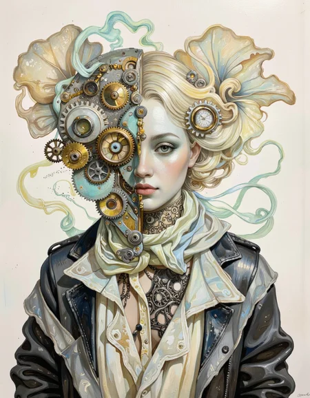 Art by Santiago Caruso., Illustration art style, Ethereal Steam painting art style, merges steampunk elements with ethereal, ghostly imagery, soft pastel colors, wispy forms, intricate mechanical details, combines the solidity of steampunk machinery with the lightness of ethereal beings, professional-grade execution <lora:Hocus_Pocus:0.9>