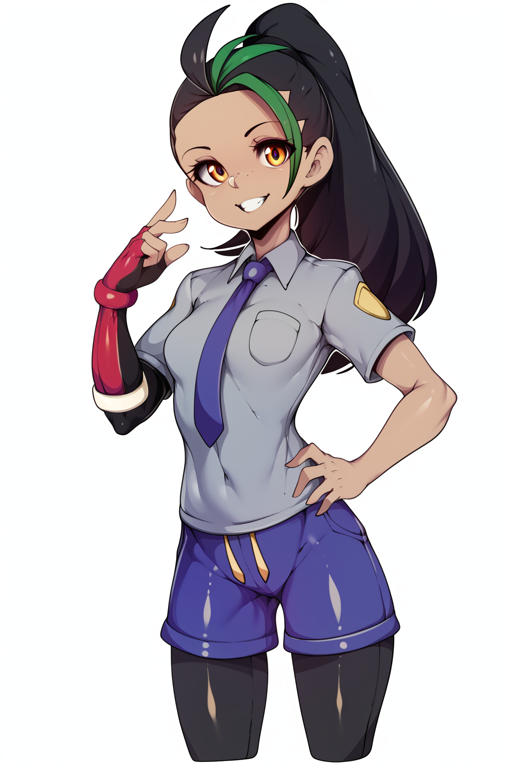Score_8_up, score_7_up, Score_9, BREAK, 1girl, solo, nemona, uva academy uniform, grey shirt, blue shorts, pantyhose, single glove, blue necktie, smile, looking at viewer, white background, hand on hip, by <slugbox><lora:EMS-415330-EMS:0.600000>, <lora:EMS-322220-EMS:1.000000>