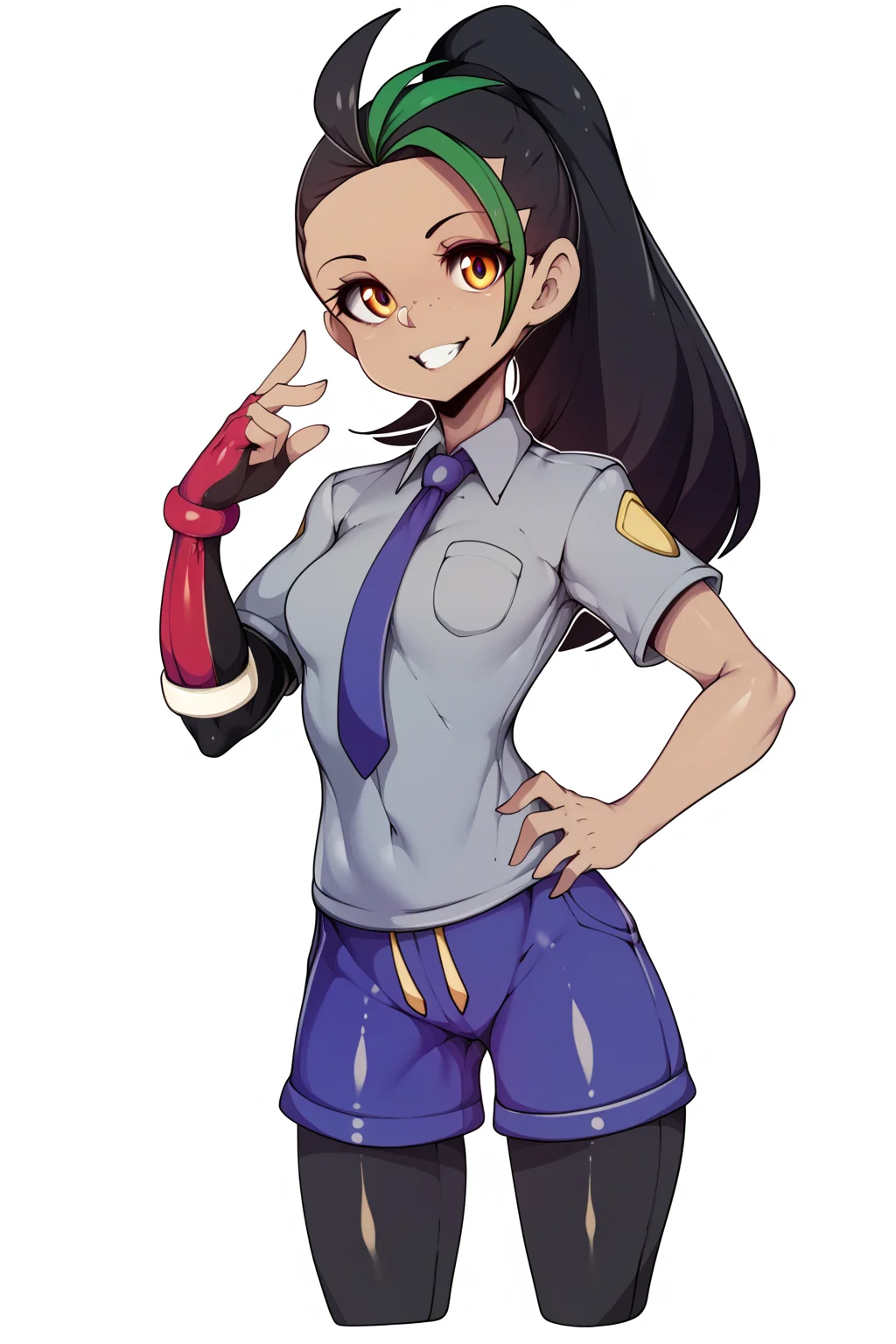 Score_8_up, score_7_up, Score_9, BREAK, 1girl, solo, nemona, uva academy uniform, grey shirt, blue shorts, pantyhose, single glove, blue necktie, smile, looking at viewer, white background, hand on hip, by <slugbox><lora:EMS-415330-EMS:0.600000>, <lora:EMS-322220-EMS:1.000000>