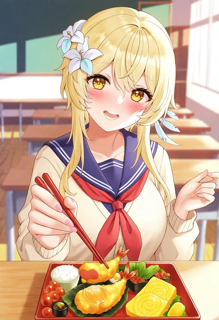 1girl, lumine \(genshin impact\), incoming food, blonde hair, hair ornament, flower, bento, yellow eyes, chopsticks, looking at viewer, hair flower, school uniform, blush, solo, open mouth, food, feather hair ornament, smile, indoors, holding chopsticks, serafuku, tamagoyaki, alternate costume, neckerchief, omelet, sailor collar, blue sailor collar, long sleeves, white flower, classroom, red neckerchief, holding, short hair with long locks, hair between eyes, feeding, feathers, sidelocks, fingernails, shrimp, pink nails, pov, desk, upper body, chalkboard, school desk, teeth, blurry background, tempura, pov across table, sitting, chair, blurry, long hair, cardigan, lily \(flower\),
masterpiece,best quality,newest,absurdres,highres,very awa,<lora:fukuro1_noob1.1:0.8>,