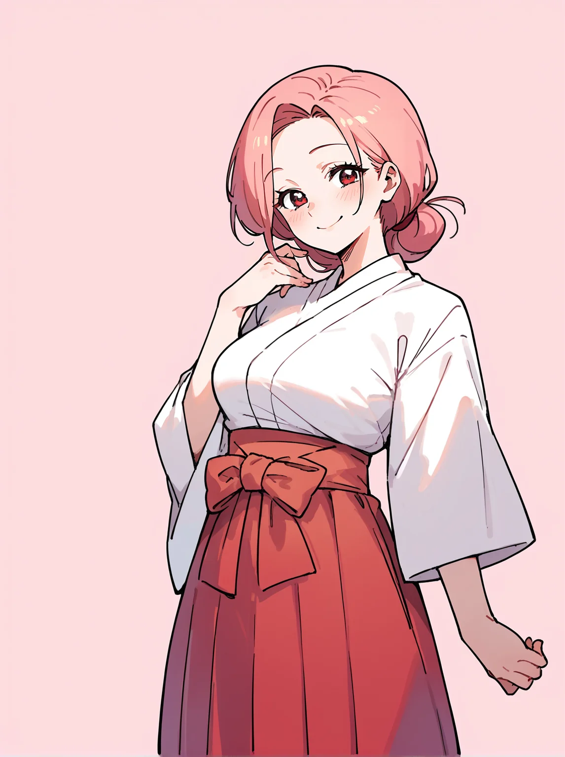 score_8_up, score_7_up, score_6_up, source_anime, 1girl, solo, simple background, pink background,
standing, pose, contrapposto, arched back, cowboy shot, facing viewer
smile, mature female
miko, red hakama
<lora:Miko:1>