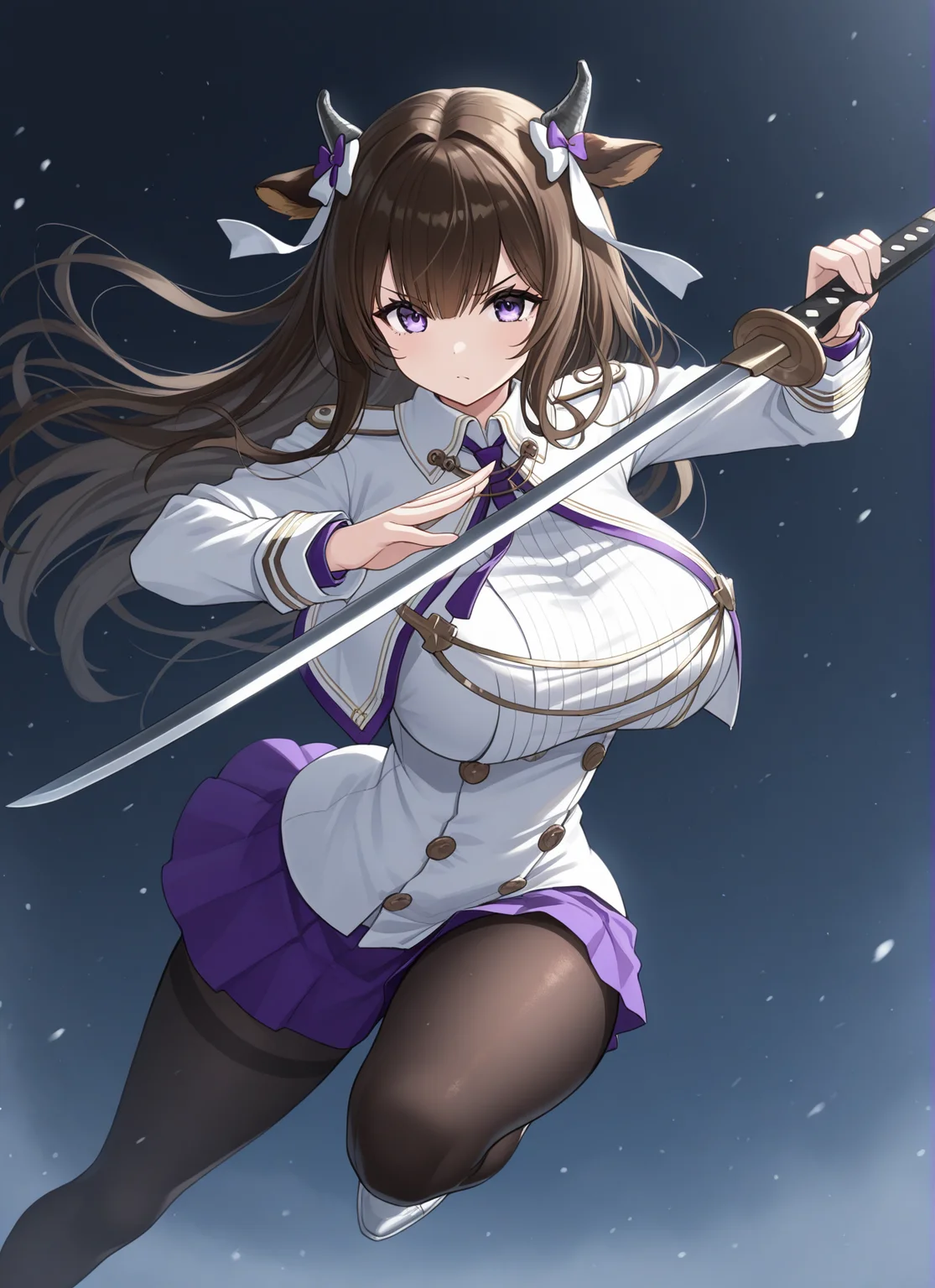 <lora:kashino_IL_v1.0:1>,kashino \(azur lane\), purple skirt, military uniform,holding sword, dynamic pose,, masterpiece,best quality,