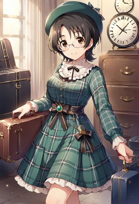 score_9, score_8_up, score_7_up, source_anime,asano fuuka, brown eyes, glasses, black hair, 1girl, hat, short hair, suitcase, dress, clock, smile, holding, green dress, plaid dress