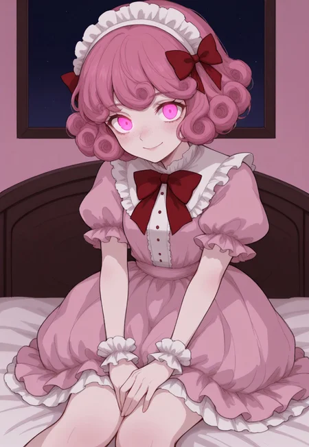 solo, ethereal, detailed, contemplative,
bedroom, pink walls, wooden furniture,
smile, glowing eyes, sitting on bed,
1girl, freckles, pink dress, pink_hair, bow, short_sleeves, strawberry humanization, night, glowing_eyes, headdress, short_hair, curly_hair, puffy_short_sleeves, pink_eyes, headdress_bows, red_bow, frills, frilled_cuffs,
(748cmstyle:1.3),
masterpiece,best quality,amazing quality, detailed,