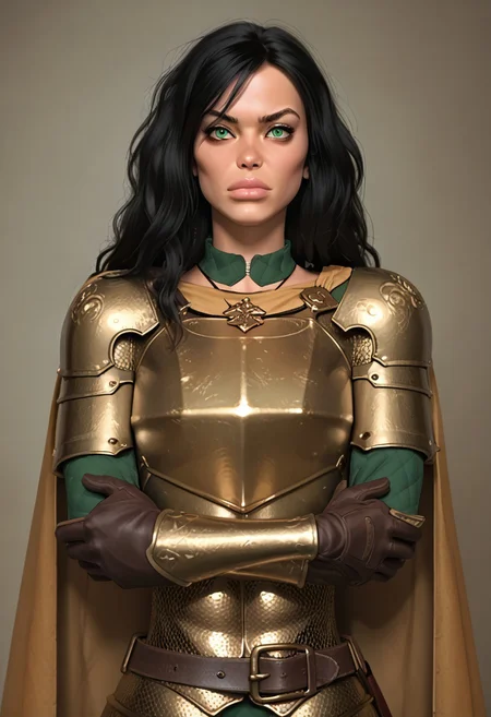 score_9, score_8_up, score_7_up, score_6_up, AOJaguarstyle, rating_explicit, solo focus, cowboy shot, portrait, view from front, upper body focus, 1girl, Pr1ncess_Lara, black hair, long hair, green eyes, armor, chainmail, breastplate, boots, gloves, small breasts, determined expression, cape, belt, necklace, leather, arms crossed,