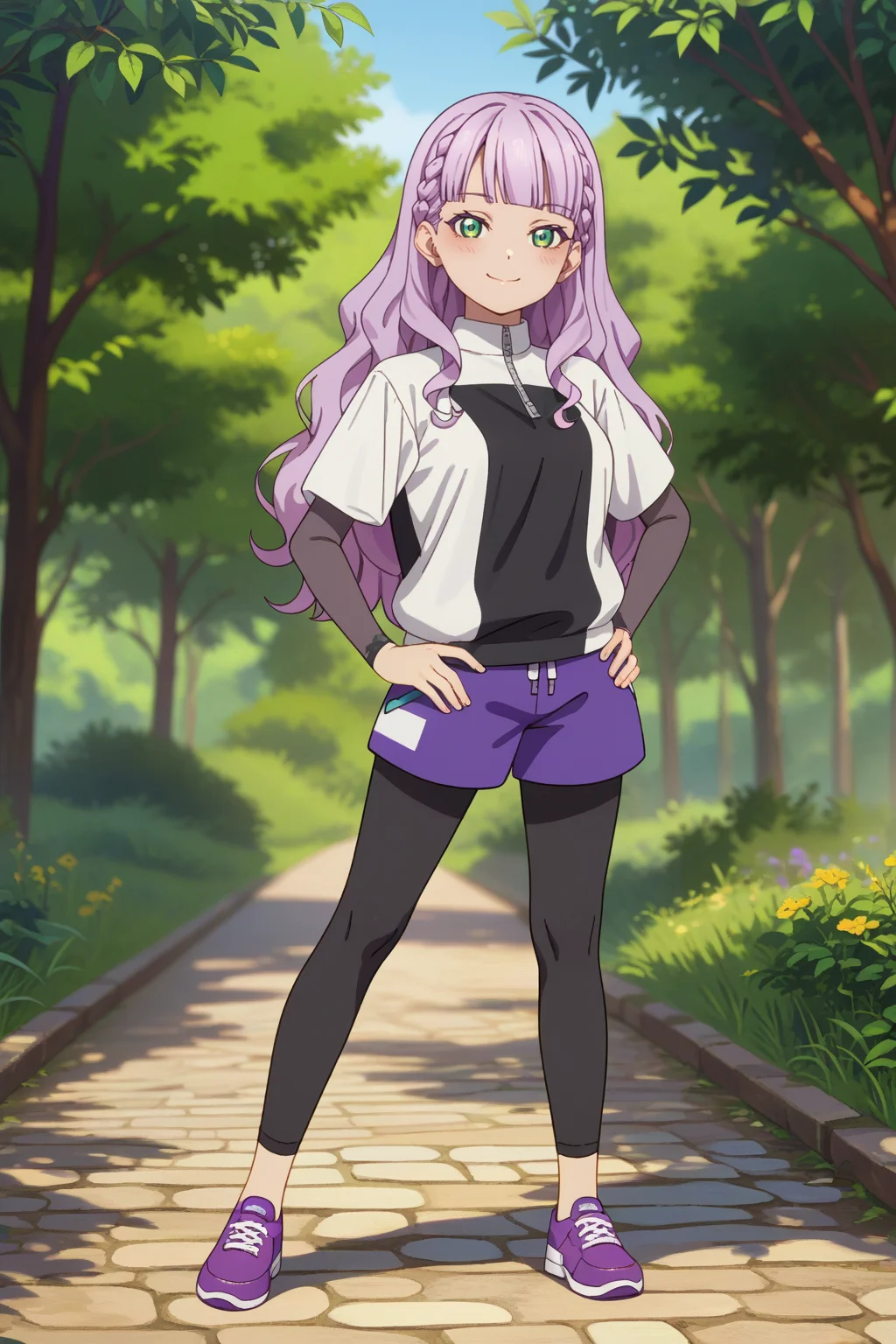<lora:wien_izo:0.85>
score_9, score_8_up, score_7_up, 1girl, solo,
wien, light purple hair, long hair, green eyes, wavy hair, blunt bangs, braid,
medium breasts, black leggings under shorts, purple training shorts, training shirt, short over long sleeves, short sleeves, layered sleeves, purple footwear, shoes,
seductive gaze, bedroom eyes, closed mouth, loving smile,
blush, looking at viewer, standing, contrapposto, peace sign, v, hand on own hip,
blurry background, outdoors, tree, full body,