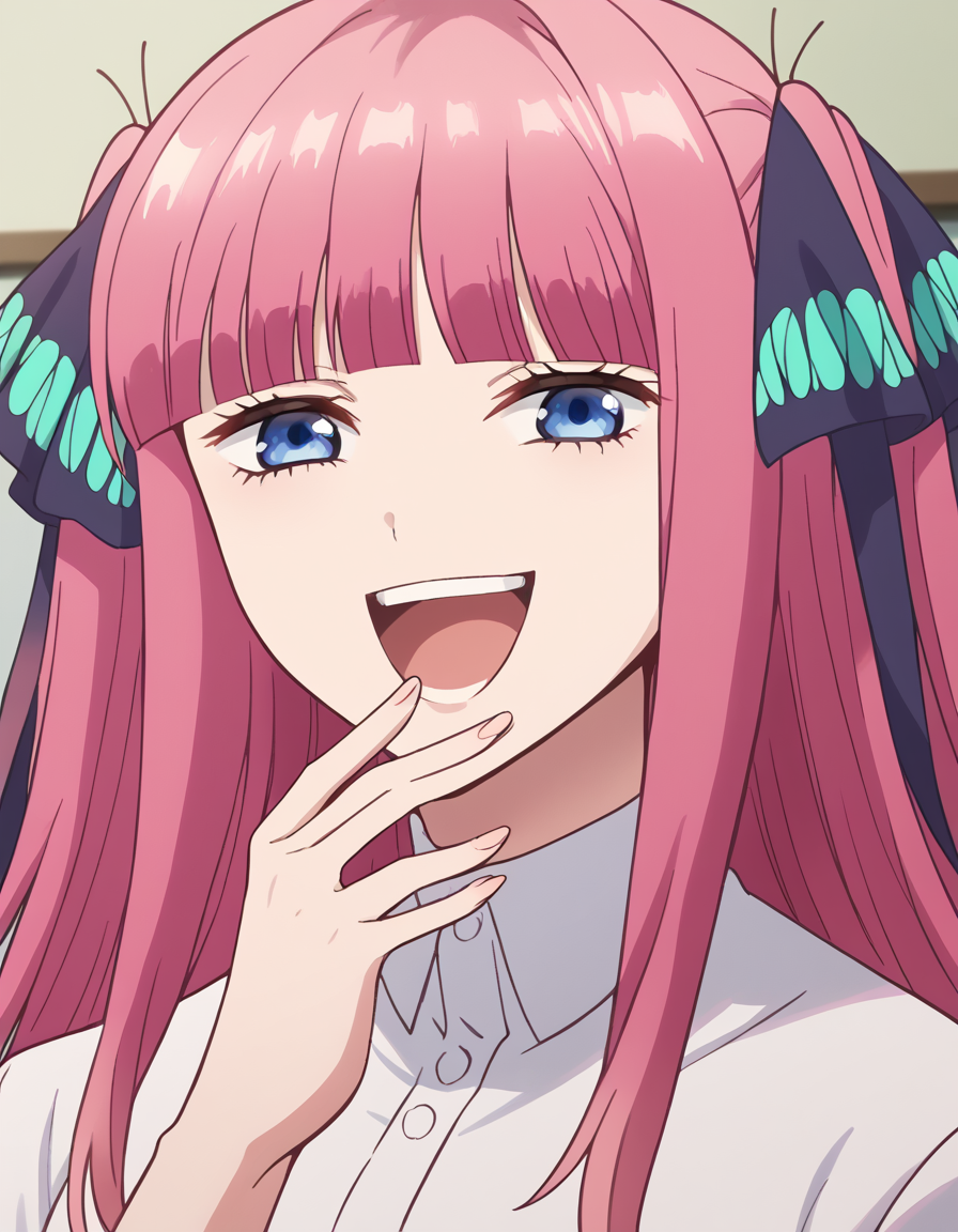 score_9, score_8_up, score_7_up, source_anime, ninonakano, <lora:nino-nakano-s1-ponyxl-lora-nochekaiser:1>, nino nakano, long hair, bangs, blue eyes, hair ornament, hair ribbon, pink hair, blunt bangs, two side up, butterfly hair ornament, mature female,, <lora:ojou-sama-pose-ponyxl-lora-nochekaiser:1>, ojou-sama pose, laughing, smug, hand to own mouth, open mouth,, indoors, smile,, cowboy shot, dutch angle, looking at viewer,