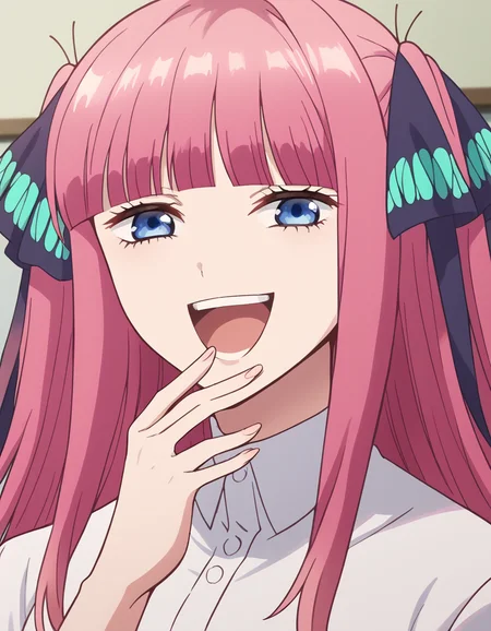 score_9, score_8_up, score_7_up, source_anime, ninonakano, <lora:nino-nakano-s1-ponyxl-lora-nochekaiser:1>, nino nakano, long hair, bangs, blue eyes, hair ornament, hair ribbon, pink hair, blunt bangs, two side up, butterfly hair ornament, mature female,, <lora:ojou-sama-pose-ponyxl-lora-nochekaiser:1>, ojou-sama pose, laughing, smug, hand to own mouth, open mouth,, indoors, smile,, cowboy shot, dutch angle, looking at viewer,