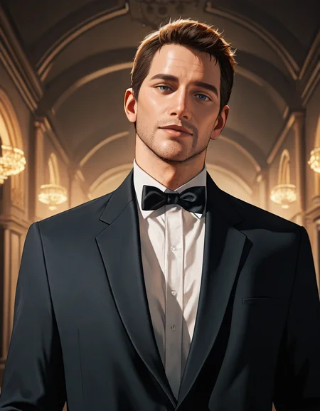 masterpiece, best quality, absurdres, newest, perfect quality, best quality, absolutely eye-catching, detailed background, intricate details, male focus, solo, realistic, <lora:Uncharted - Nathan - Illustrious 2_1-000004:0.7>, uncharteddrake, 1boy, mature male, very short hair, blue eyes, stubble, body hair, formal, white dress shirt, suit jacket, bowtie, indoors, ballroom, head tilt, looking at viewer, seductive look, from side