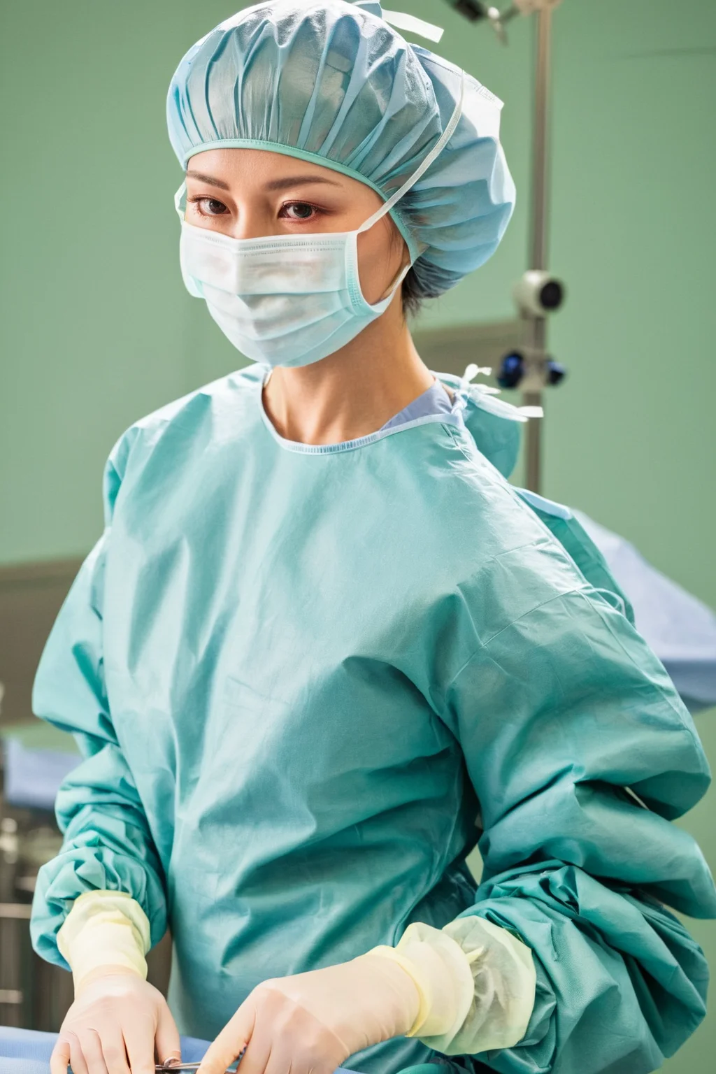 A female surgeon in surgical outfit, surgical mask, surgical cap and surgical gloves, Detailed picture, very high resolution, operating room, <lora:concept_surgeon_xl_v1:1>