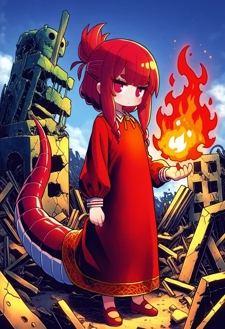 (score_9,score_8_up,score_7_up:0.5), (noodlenood:0.5), (negiwo:0.75), neki_(wakiko), naga u, bkub, Solo, Villainess, red-hair, long-hair, half-updo, fire-mage, long-dress, red-dress, gold-trim, fire, ruins, monster-girl, dragon-tail, dragon-horns, 
absurdres, highly-detailed, best quality, masterpiece, amazing shading, detailed illustration, holding flame, magic