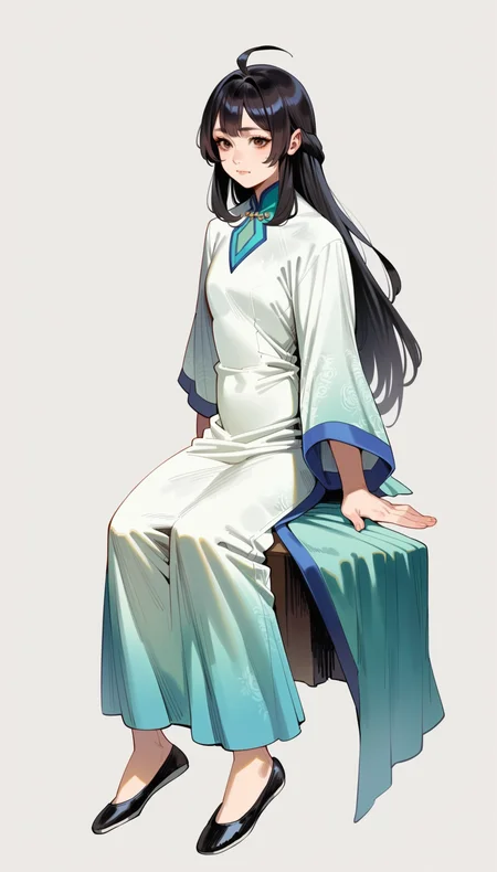 score_9,score_8_up,score_7_up,<lora:xinxianying>,xinxianying,
1girl,solo,long black hair,bangs,ahoge,brown eyes,informal costume,black shoes,full body,sitting,simple background,