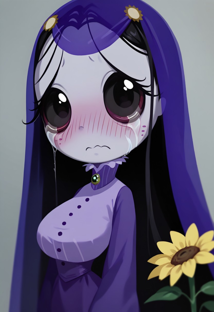 score_9, score_8_up, score_7_up BREA, MiseryRG, 1girl, black hair, black eyes, pale purple skin, tears trail, purple veil, yellow sunflower-shaped hairclips, white-collared purple buttoned dress, long purple sleeves, green spider neck cameo, fingerless black gloves, busty, curvy, big breasts, big hips, tiny waist, embarrassed, blushing, looking at viewer,