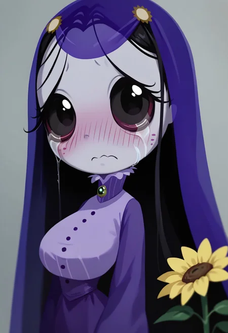 score_9, score_8_up, score_7_up BREA, MiseryRG, 1girl, black hair, black eyes, pale purple skin, tears trail, purple veil, yellow sunflower-shaped hairclips, white-collared purple buttoned dress, long purple sleeves, green spider neck cameo, fingerless black gloves, busty, curvy, big breasts, big hips, tiny waist, embarrassed, blushing, looking at viewer,
