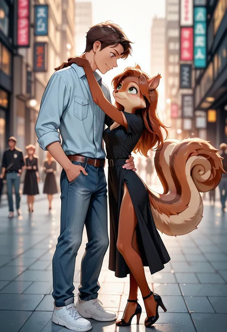 masterpiece, best quality, anime-style, soft shading, couple looking at each other, intimate mood, vibrant colors, expressive eyes, intimate focus, stylish and chic atmosphere, warm city lighting, contemporary urban setting, blurred pedestrians, modern fashion, (size difference:1.3)  
(1boy, human, tanned skin, short brown hair), casual outfit: fitted jeans, white sneakers, light blue rolled-up shirt. hugging softly (1girl, squirrel furry, detailed auburn fur), looking down at her, hugging her,  warm brown eyes 
(1girl, petite, slim, narrow waist, squirrel furry), looking up at him, arm wrapped around his neck, , wearing an elegant black dress with a thigh slit, delicate heels. Looking up at him with playful defiance, green eyes sparkling, . Her plumed squirrel tail sways as they walk in sync, their eyes locked in a silent, amused exchange.