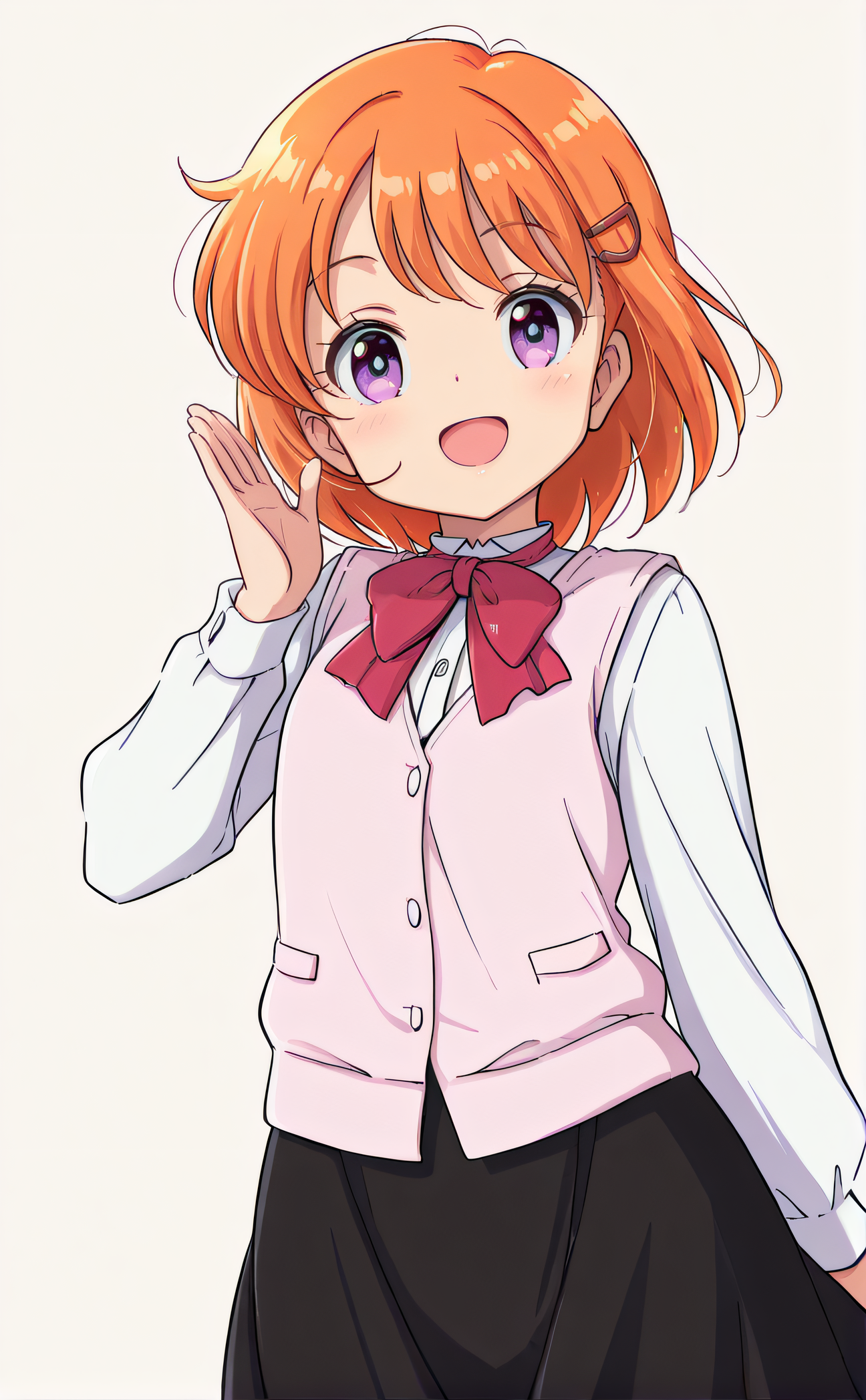 masterpiece, best quality, 1girl, solo, original artstyle, official artstyle, <lora:Chanatsu_Style:1>, chanatsustyle, purple eyes, orange hair, short hair, brown hairclip, pink vest, red bowtie, white long sleeves, black skirt, looking at viewer, smile, simple background, cowboy shot, hand up, flat chest, open mouth