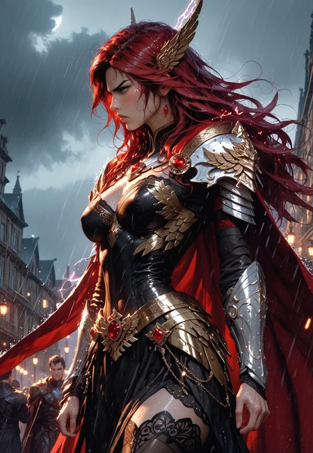 safe_pos, profile view of 1girl, sfw, gorgeous, freckles, shiny wet skin, detailed skin, detailed face:2, fierce:2, angry, snarling, growling, intense glare, perfect large eyes, black pupils:1.5, glowing eyes, long hair, red hair, deep red hair, dark red hair:2, cloth tunic, saggy breasts, breasts covered:1.5, nipples covered, cloth stretched tight over breasts, showing slight skin, valkyrie wings:2, flaming halo, decorative mystic armor, dark blue armor:2, matching armor, armored skirt:2, flowing skirt:2, skirt:2, flowing cape, intricate armor, shiny armor, perfect hands:2, perfect fingers, eyeliner, relaxed hands, thigh highs, leggings, armored thighs, exposed upper chest, exposed lower thigh, showing slight leg, walking pose, cape billowing in the wind, turned,
BREAK
smoking battlefield, outdoors, rain, rainy day, dark sky, dusk, lightning strike:2, stormy sky, lightning in sky, streaming banners, fires,
BREAK
score_9, score_8_up, score_8, masterpiece, best quality, official art, extremely detailed, absurdres, high definition, photorealism, detailed shading, high contrast, ambient occlusion,
BREAK
dynamic angle:1.5, cowboy shot, focus face, profile shot, Dutch angle,
expressiveh, comicbookpage style, mythp0rt,