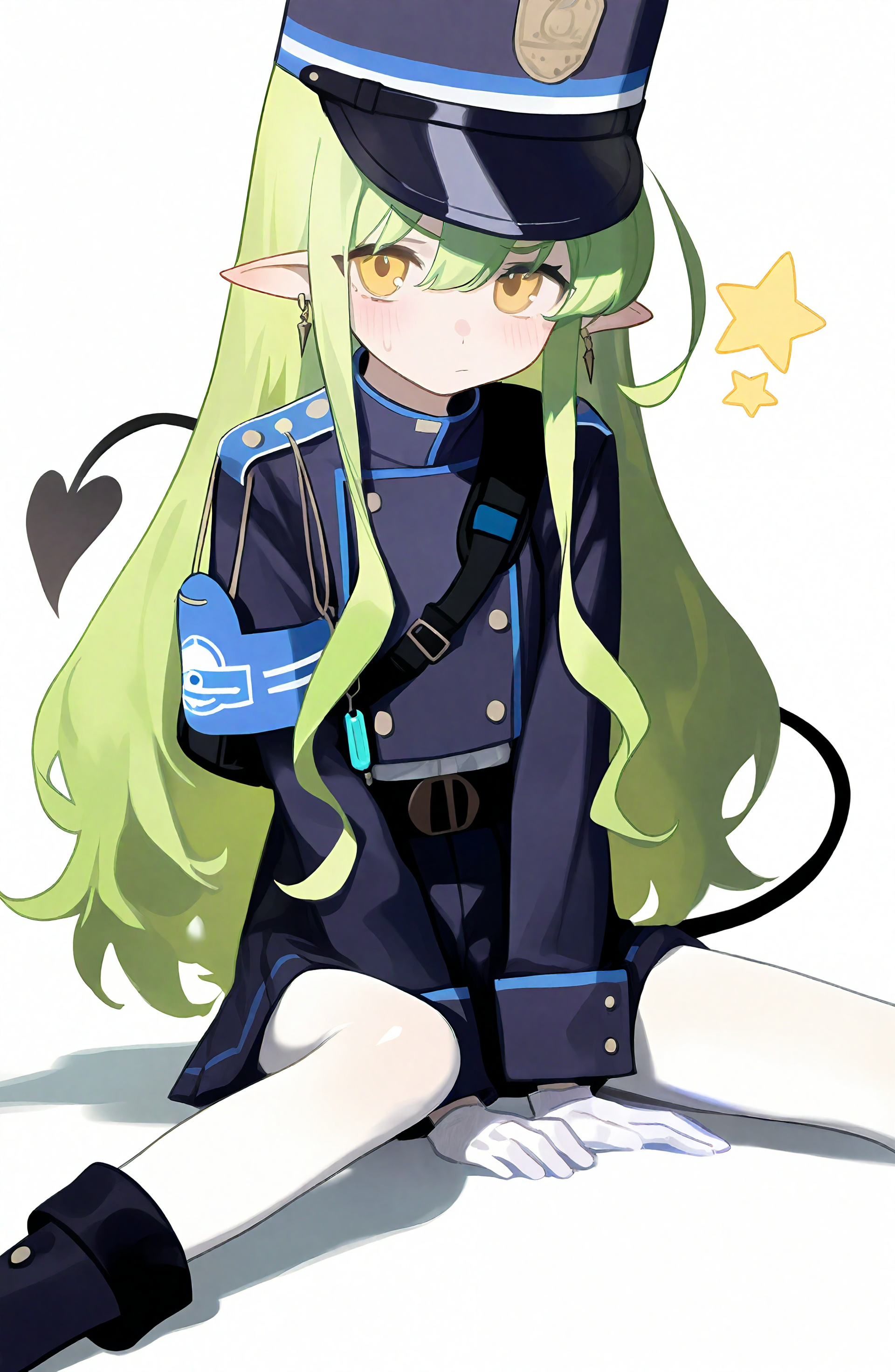 1girl, solo, long_hair, looking_at_viewer, blush, simple_background, long_sleeves, white_background, gloves, hat, closed_mouth, jewelry, sitting, jacket, tail, yellow_eyes, pantyhose, earrings, green_hair, pointy_ears, white_gloves, star_\(symbol\), bag, demon_tail, armband, blue_headwear, white_pantyhose