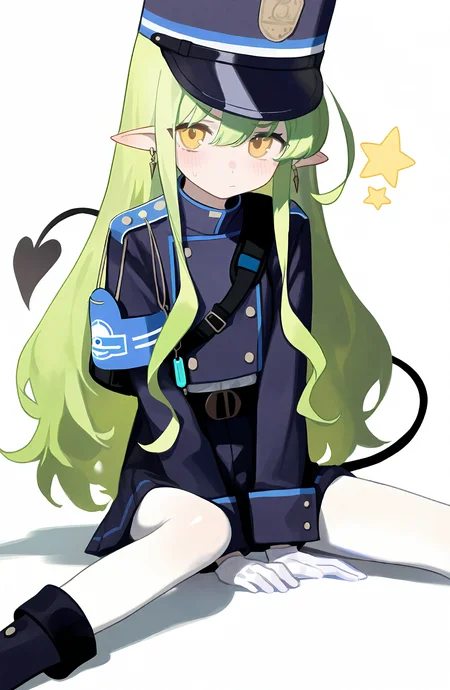 1girl, solo, long_hair, looking_at_viewer, blush, simple_background, long_sleeves, white_background, gloves, hat, closed_mouth, jewelry, sitting, jacket, tail, yellow_eyes, pantyhose, earrings, green_hair, pointy_ears, white_gloves, star_\(symbol\), bag, demon_tail, armband, blue_headwear, white_pantyhose