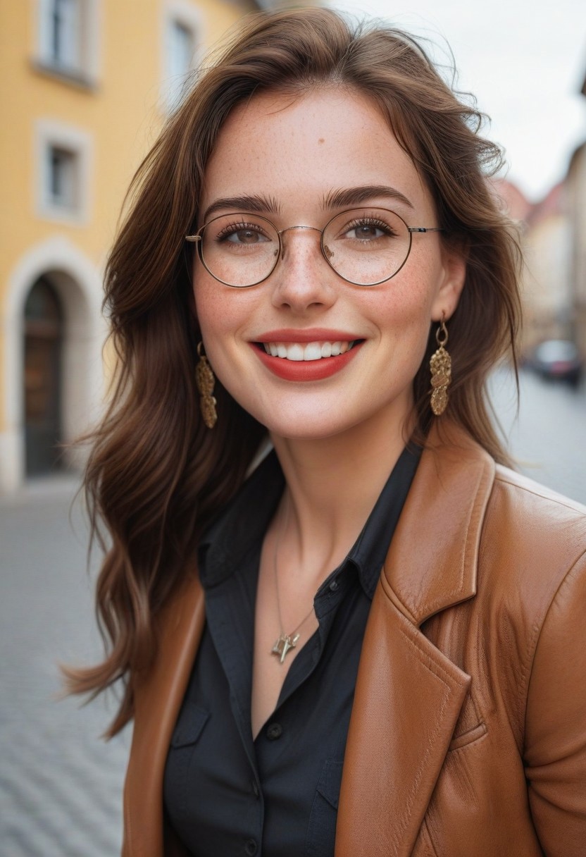 masterpiece, hyperrealistic, epicRealism, UHD, 8k, photography, cowboy shot, makeup, beautiful, beautiful eyes, long eyelashes, freckles, detailed mouth and eyes, white teeth, perfect teeth, detailed lips, red lipstick, detailed face, perfect and delicate hands, gorgeous woman, cute face, petite, smile, big smile, white teeth, dark eyeliner, beautiful woman, freckles, Expressiveh, 1girl, gorgeous 40 years old woman,( cute woman, cute face, mature), focus on girl, dynamic lighting, cinematic take, cinematic lighting, award-winning photo, skin texture, vivid natural colors, full ultra HD 8k quality, masterpiece, best quality, highly detailed, overall detail), skin details,realistic skin, medium breasts, round natural breasts, fit, brunette wavy hair, vivid brown eyes, large round glasses, front view, in a German old town, daytime, wearing a black leather jacket, yellow blouse, crucifix pendant in a long leather cord dangling between breasts, small golden earrings, brown trousers and knee-high black boots, natural sunlight, daytime, (shallow depth of field, boken, warm light). volumetric lighting, vivid colours,