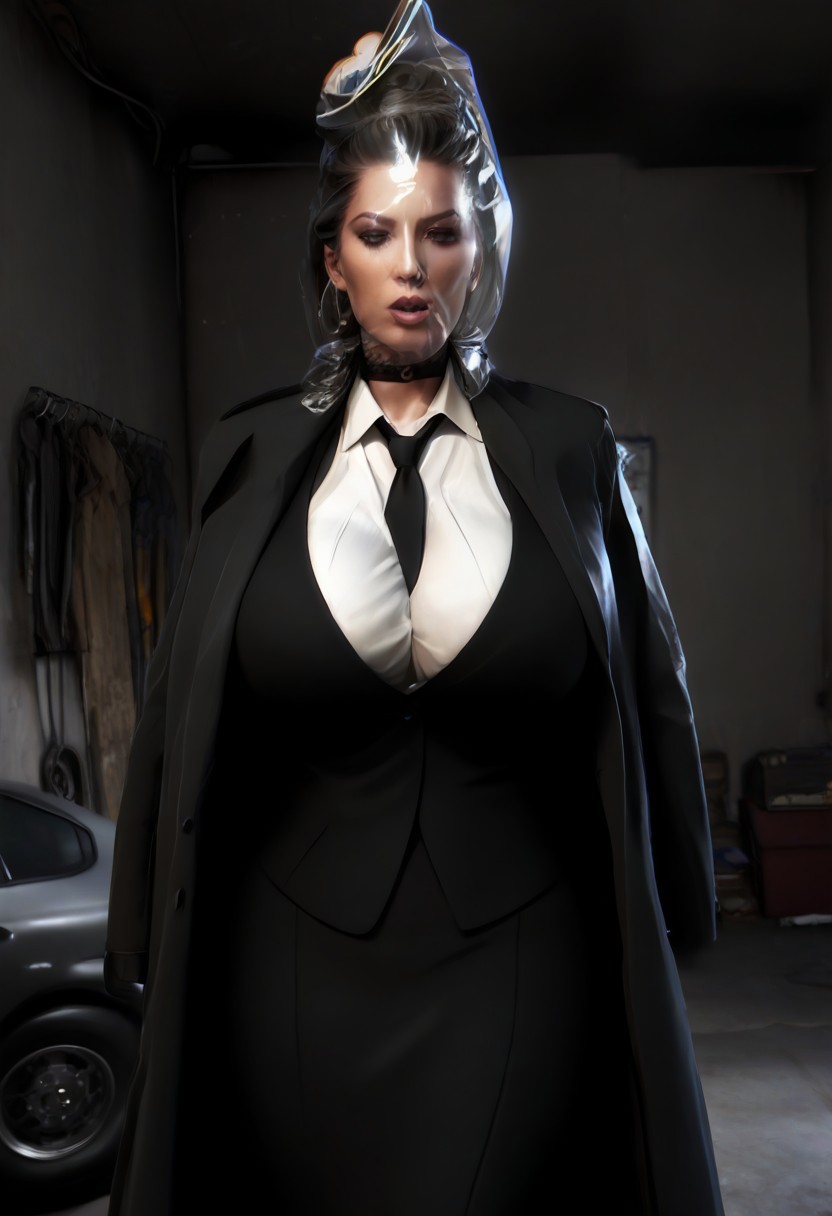 (Sexy busty) woman with (gigantic breasts)+++ and (large high hair updo)+++ (plastic bag)+++ (bag over head)+++ mafi4, necktie, gloves, suit, white shirt, black vest, black skirt, coat, (in a garage)+++