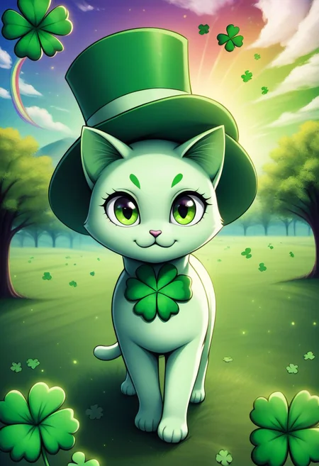 ((masterpiece, best quality)), high resolution, 32k picture, ShamrockWorld, clover, four-leaf clover, light particles, outdoors, sky, field, rainbow, looking at viewer, hat, green eyes, bokeh, no humans, animal, cat, green headwear, animal focus, clover, four-leaf clover ,<lora:ShamrockWorldXL:1.0>, zPDXL