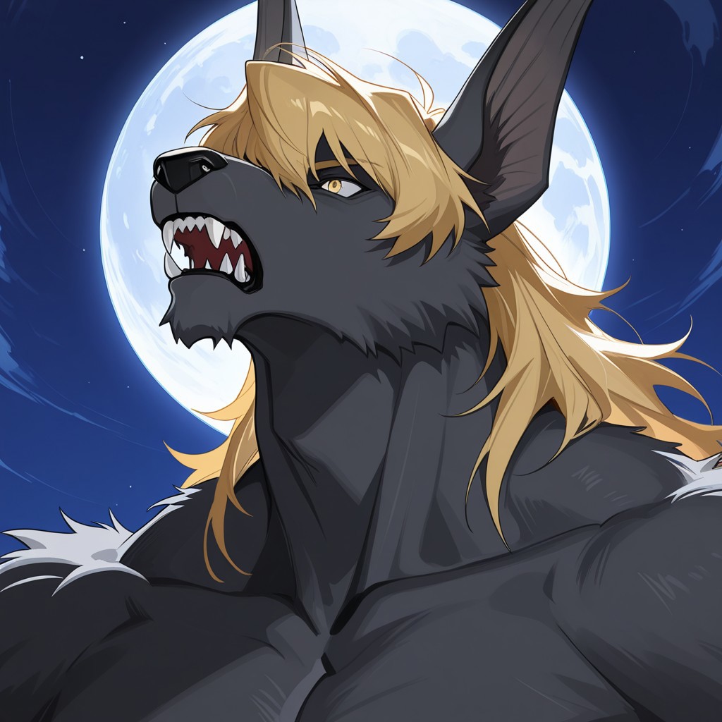 score_9, score_8_up, score_7_up, score_6_up, score_5_up, score_4_up, high quality, (handsome), (detailed eyes:1.5), (detailed face), ((perfect face)), master piece, best high quality, ultra details, intricate details, male focus, detailed body, detailed background, perfect anatomy, masterpiece, high quality, best quality, amazing quality, very aesthetic,, absurdres, Lucas Amato, Werewolf, Gray Fur, Blond hair, Long Ears, Long Hair, Yellow Eyes, ((portrait)), howling, muscular neck, sharp teeth, full moon background