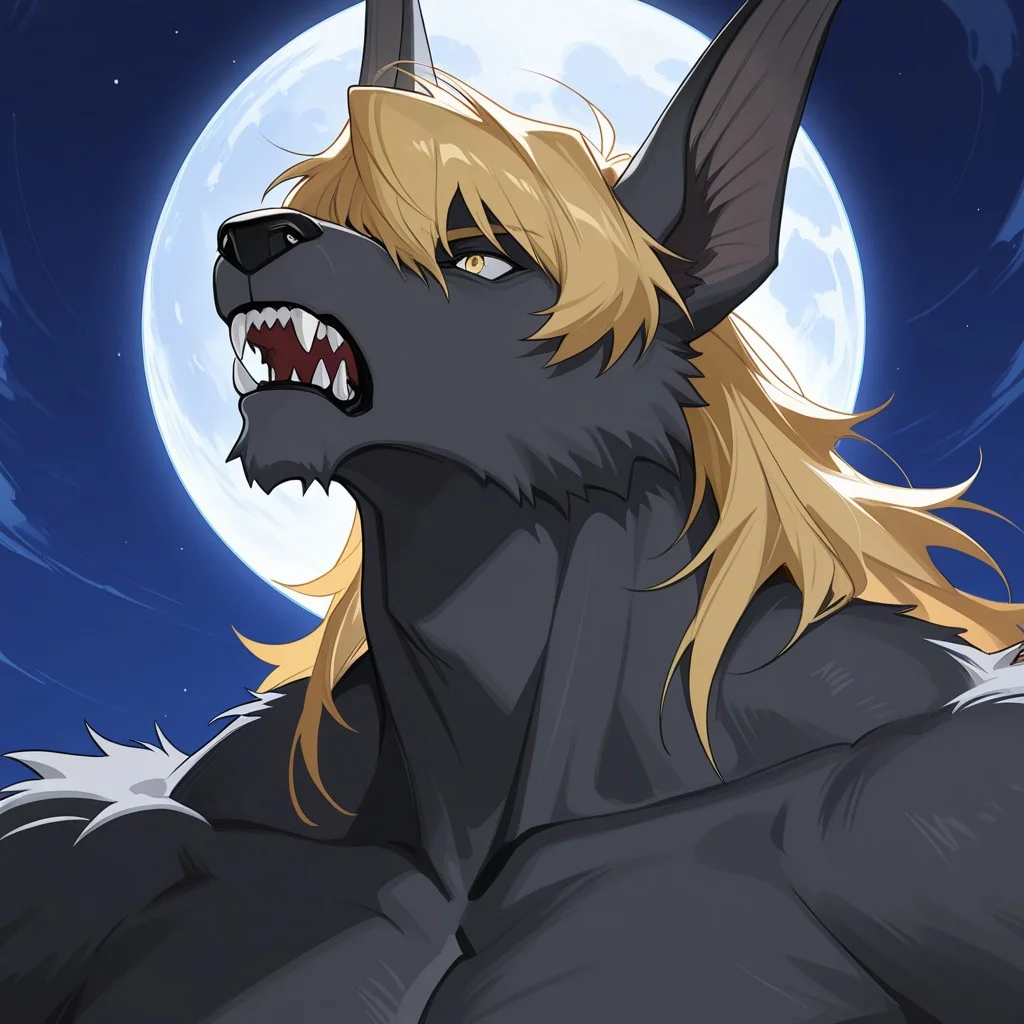 score_9, score_8_up, score_7_up, score_6_up, score_5_up, score_4_up, high quality, (handsome), (detailed eyes:1.5), (detailed face), ((perfect face)), master piece, best high quality, ultra details, intricate details, male focus, detailed body, detailed background, perfect anatomy, masterpiece, high quality, best quality, amazing quality, very aesthetic,, absurdres, Lucas Amato, Werewolf, Gray Fur, Blond hair, Long Ears, Long Hair, Yellow Eyes, ((portrait)), howling, muscular neck, sharp teeth, full moon background