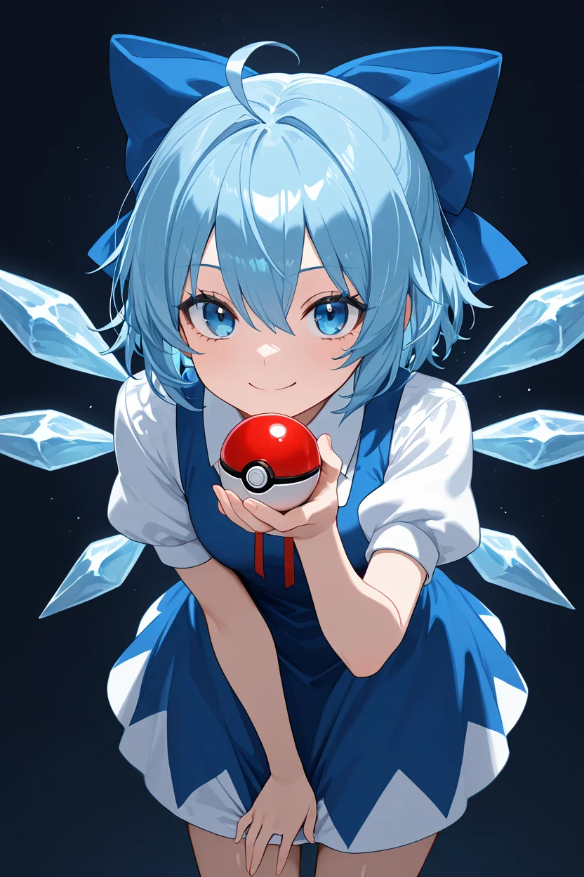 masterpiece, best quality, 1girl, solo, 21 year old model, eyelashes, (beautiful eyes), ,,, <lora:CirnoTouhouIXL:1.0>, zzCirno, blue eyes, hair between eyes, ahoge, blue hair, hair bow, short hair, blue dress, puffy short sleeves, white shirt, bow, wings, ice, short sleeves, ice wings, dress,(holding pokeball), cowboy shot, leaning forward, smile, looking at viewer, shiny skin,
