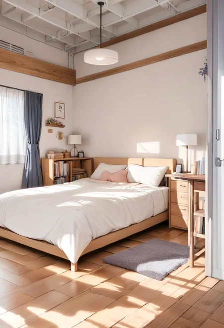 masterpiece, best quality, very aesthetic, absurdres,
shinshitsu, curtains, pillow, bed, window, indoors, scenery, lamp, table, chair, book, shadow, cup, wooden floor, couch, sunlight,
<lora:JMShinshitsu_SDXL_V1:1>