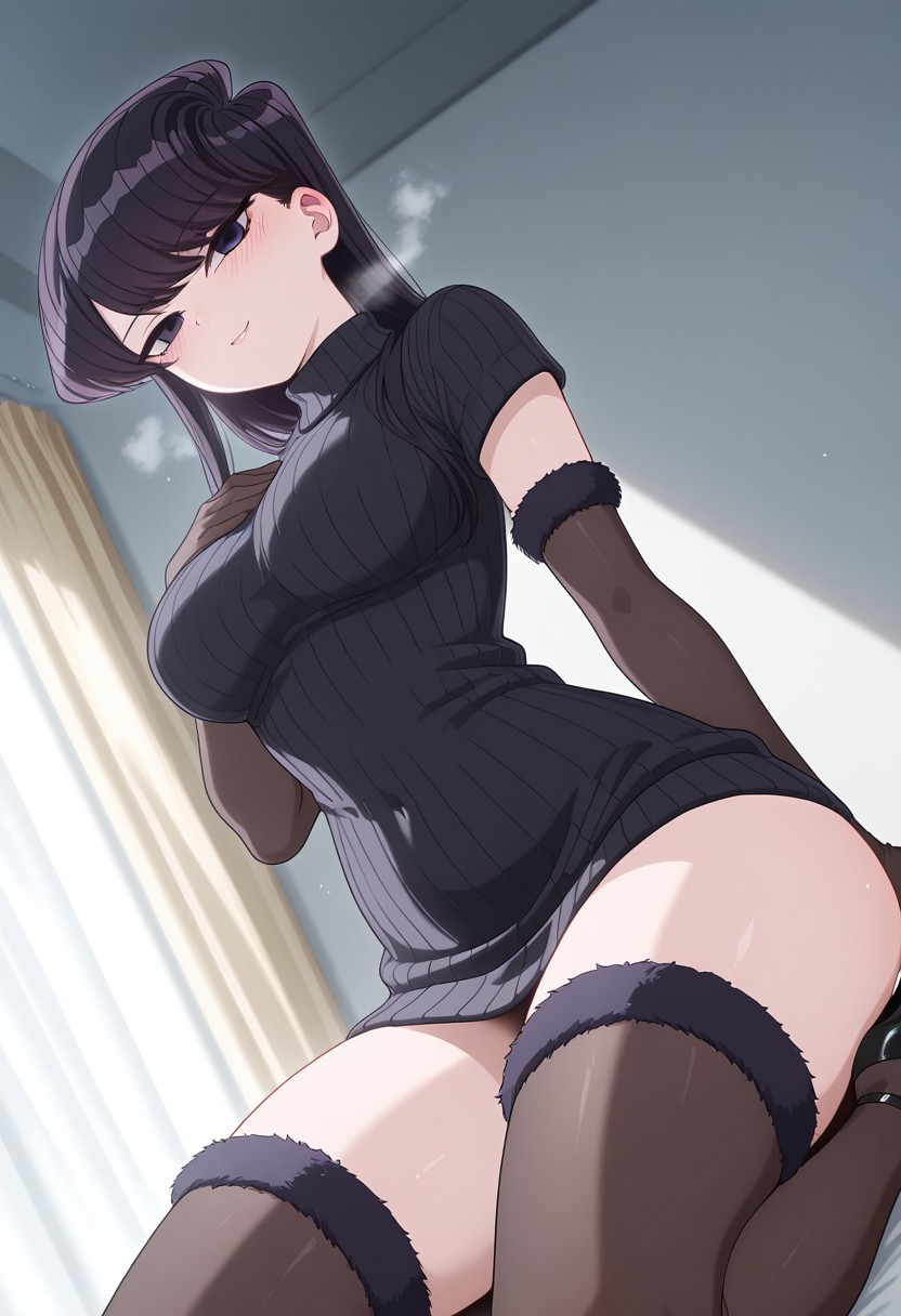 masterpiece, best quality, amazing quality, intricate detail, highly detailed, anime, anime coloring, dynamic angle, looking at viewer
BREAK
smile, blush, naughty face, steam, musk, komi shouko, 1girl, medium breasts,black hair, medium hair, bangs, purple eyes
BREAK
Open bust sweater, high heels, fur elbow gloves, fur thighhigh boots